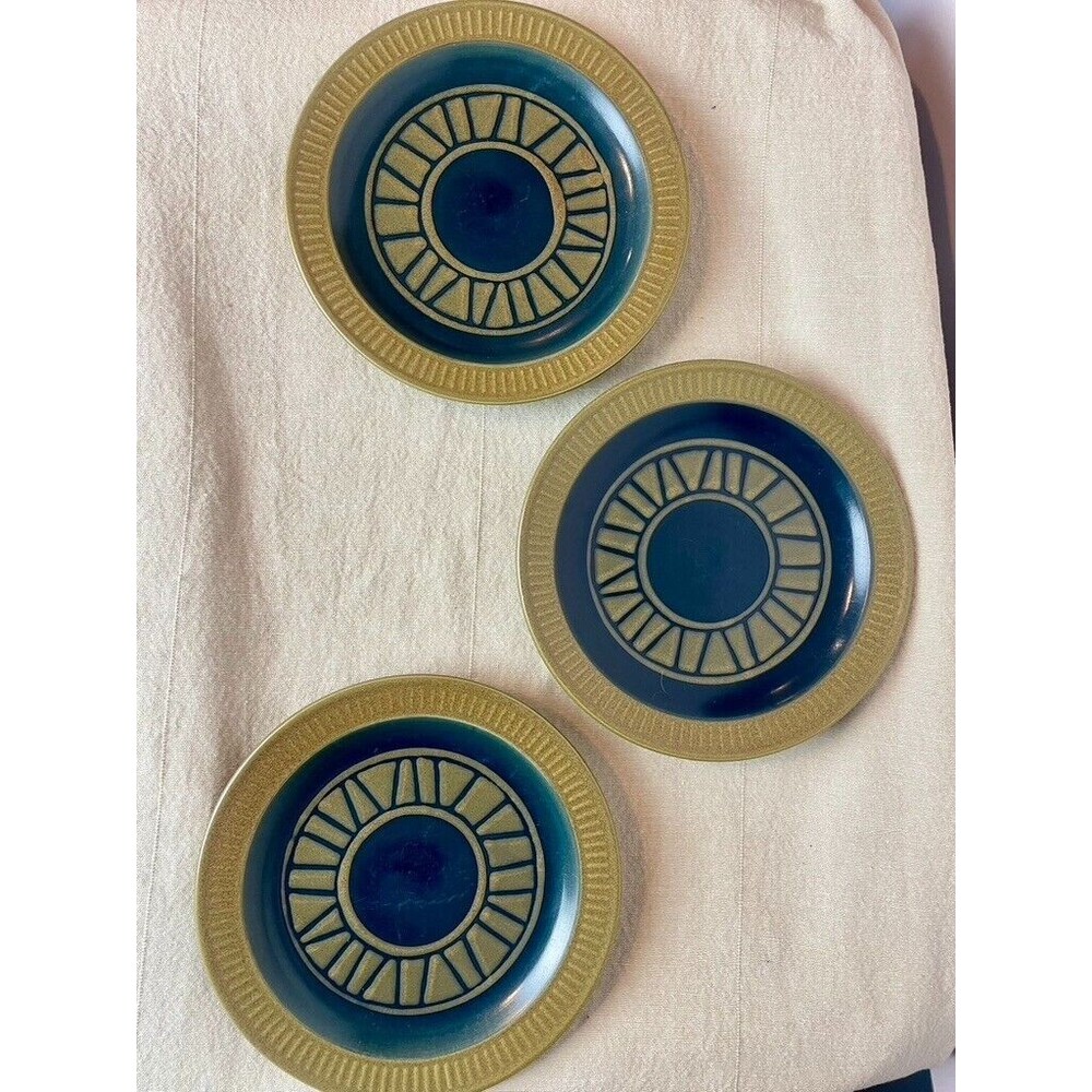 Set of 3 Vintage Carved Mosaic Style Stoneware Plates – 7.5" Boho Rustic Decor